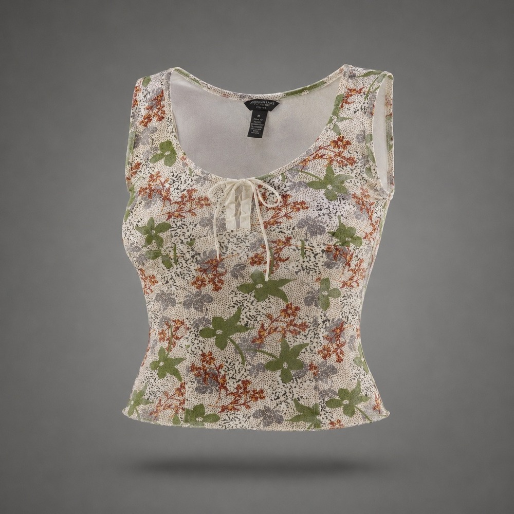 🍁American Eagle Floral Polka Dot Lace Up Corset Tank Top Green Rust Cream Mediu